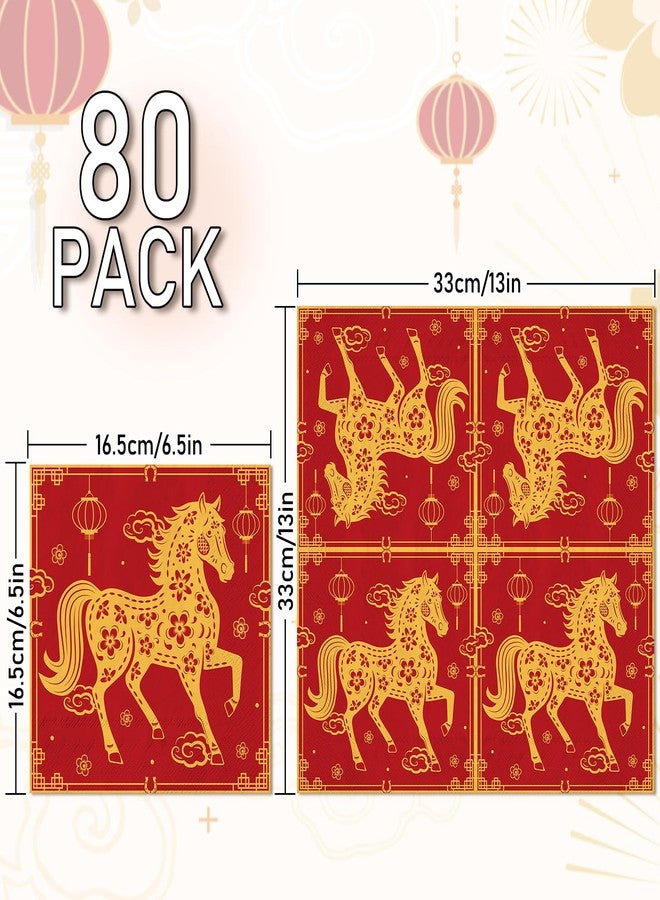 Whaline 80 Pcs Chinese New Year Luncheon Napkins Disposable Paper Napkin Decorative Chinoiserie Red Gold Horse Dessert Dinner Hand Napkin for Spring Festival Lunar New Year Party Supplies Table Decor - Image 2